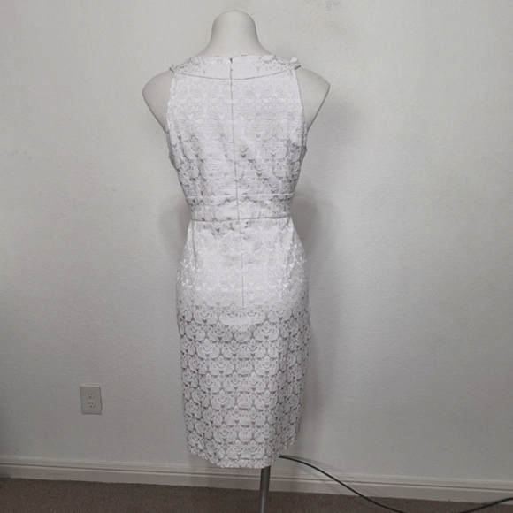 Maggy London White Lace Ruffle Neck Romantic Bridal Sheath Midi Dress Size 8 - Picture 7 of 14